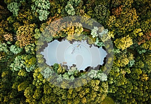 Top view - photo by drone UAV of the beautiful and tranquil lake with reflection in water. photo from above the peaceful forest