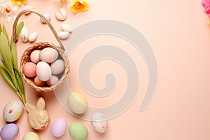 Top view photo of Easter-themed items including colorful eggs, small baskets, ceramic bunnies