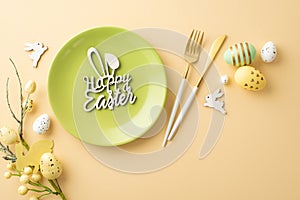 Top view photo of green plate with text happy eater fork knife colorful easter eggs easter bouquet and bunnies