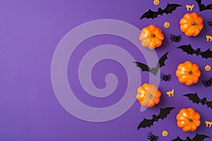 Top view photo of halloween decorations small pumpkins spiders cats and bats silhouettes on isolated violet background with empty
