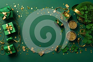 Top view photo of leprechaun hat, present boxes, spool of twine, gold coins, bow tie, clovers and confetti on green background