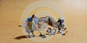 Top View, Photo man and woman cleaning trash from pencil sharpener with negative space