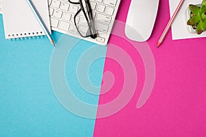 Top view photo of notebook pencil and glasses on keyboard on the left mouse pencil and plant on the white sticker on the right