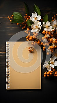 Top view photo of open note book and spring branch with flowers and fruits on wooden background