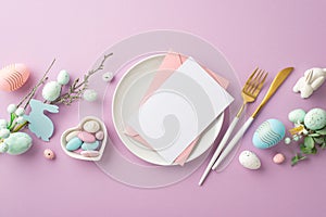 Top view photo of pink envelope and paper card in plate fork knife easter bouquets pink and blue eggs saucer with sweets bunny