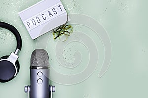 Top view photo of podcast concept -