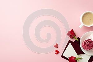 Top view photo of red envelopes with letter plate with meringue cup of fresh coffee small hearts and red roses