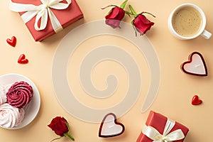 Top view photo of red gift boxes heart shaped candles cup of frothy coffee saucer with meringue and red roses