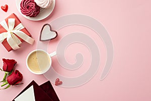 Top view photo of red giftbox with ribbon bow envelopes plate with meringue cup of coffee hearts candle and red roses