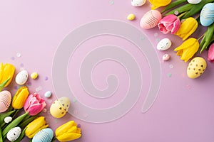 Top view photo of spring flowers bouquets of tulips colorful easter eggs and confetti on isolated pastel violet background