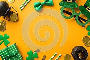 Top view photo of st patrick`s day decor hat shaped party glasses straws green bow-tie giftbox horseshoe trefoils and pots with