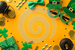 Top view photo of st patrick`s day decor hat shaped party glasses straws green bow-tie giftbox trefoils pots with gold coins and