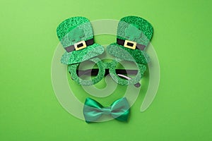 Top view photo of st patrick`s day decorations funny outfit hat shaped party glasses and green bow-tie on isolated pastel green