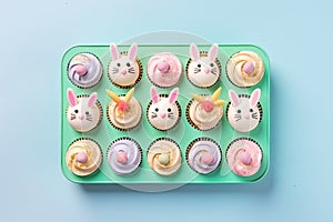 Top view photo of a tray of Easter cupcakes decorated with pastel-colored frosting