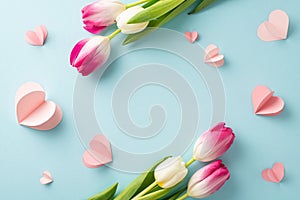 Top view photo of vibrant tulips and heart details on a pastel blue background. Customize with your own text