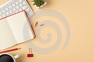 Top view photo of white keyboard flowerpot open red planner pencil binder clip pin and cup of coffee on isolated beige background