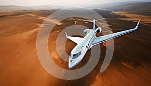 Top View Photo White Luxury Generic Design Airplane.Private Jet Cruising High Altitude, Flying Over Mountains.Empty Blue