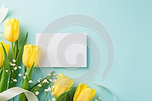 Top view photo of woman`s day composition paper card bunch of yellow tulips white gypsophila and white ribbon on isolated pastel