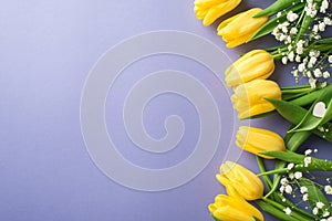 Top view photo of woman`s day composition yellow tulips white gypsophila and small white heart on isolated pastel lilac backgroun