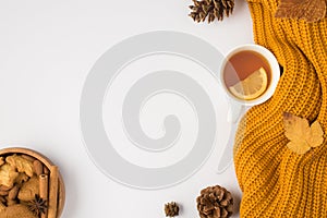 Top view photo of yellow knitted scarf cup of tea with lemon yellow autumn leaves pine cones and bowl with cookies almond nuts