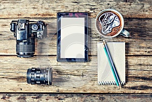 Top view of photographer at workplace with copy space. top view desk with copy space