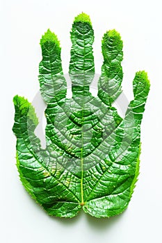 Top view photography of a hand print with green leaf texture on white background.