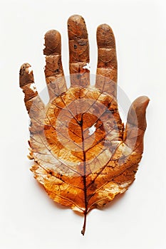 Top view photography of a hand print with leaf texture on white background. Having a hand in saving nature concept