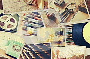 top view of photos collage on wooden background. vintage filtered