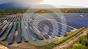 Top view on photovoltaic solar power panels. Drone aerial view of Solar panels system power generators from sun. Alternative