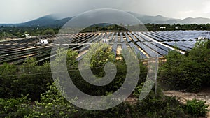 Top view on photovoltaic solar power panels. Drone aerial view of Solar panels system power generators from sun. Alternative