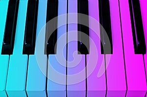 Top view of piano keys in blue and pink tones . Close-up of piano keys. Close frontal view. Piano keyboard with selective focus.