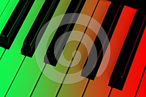 Top view of piano keys in green and red tones . Close-up of piano keys. Close frontal view. Piano keyboard with selective focus.