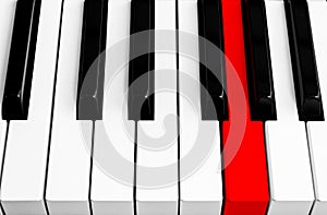 Top view of piano keys with one red button. Close-up of piano keys. Close frontal view. Piano keyboard with selective focus. Diago