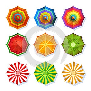 Top view picture of summer beach umbrella for relaxation. Colorful vector set isolate on white