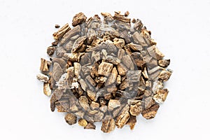 Top view of pile of chopped dried burdock roots photo