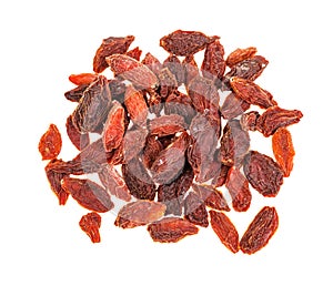 Top view of pile of dried goji berries isolated