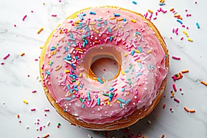 Top view of pink donut decorated with colorful sprinkles on white marble background.
