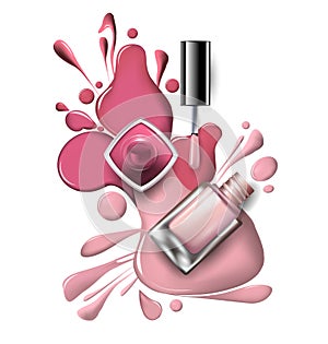 Top view of pink, lilac nail polish on white background Cosmetics and fashion background Vector.