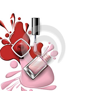 Top view of pink, lilac nail polish on white background Cosmetics and fashion background Vector.