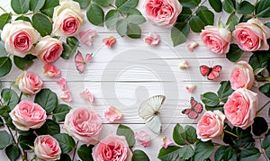 Top-view, Pink Roses and Butterflies on Whitewashed Wood background,embodying a springtime garden aesthetic,Generated AI