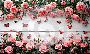 Top-view, Pink Roses and Butterflies on Whitewashed Wood background,embodying a springtime garden aesthetic,Generated AI