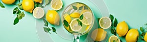 Top View Pitchers Of Lemonade And Lemons On Mint Background. Banner For Web. Generative AI