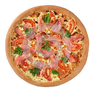 Top view of pizza with cream cheese sauce, mozzarella, tomatoes, smoked salmon and red caviar