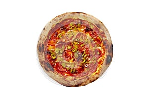 Top view of pizza pepperoni with tomato sauce, mozzarella and jalapeno on white background