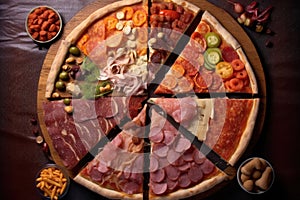 top view of pizza showing half-eaten and untouched slices