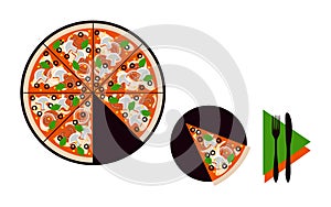 Top view of pizza on table illustration on white background