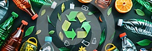 top view of plastic bottles with recycling symbol on green background, banner