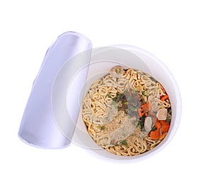 Top view of plastic bowl of instant noodles isolate on white