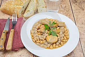 Top view of a plate of cassoulet