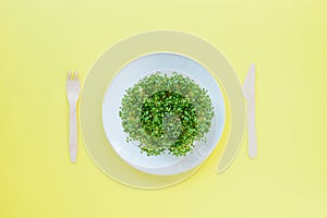 Top view plate with fresh organic sprout micro greens served with wooden cutlery on the bright yellow background. Healthy Raw diet